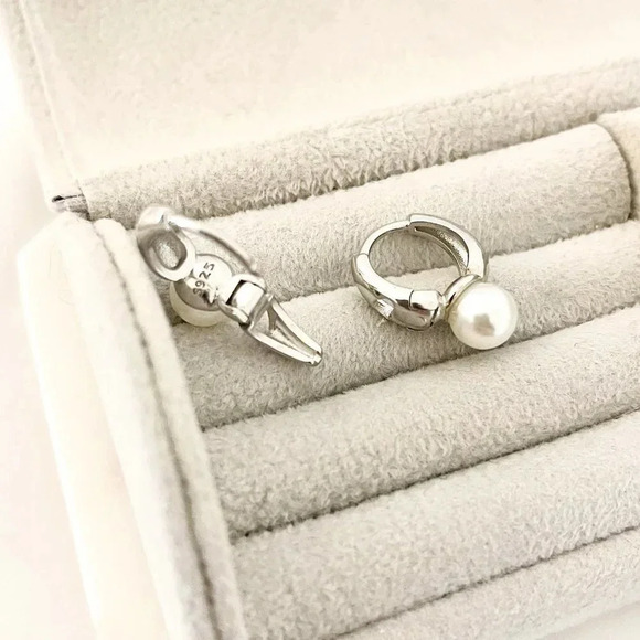 925 Sterling Silver Pearl Huggie Earrings Small Huggie Hoop Earrings - Picture 3 of 9